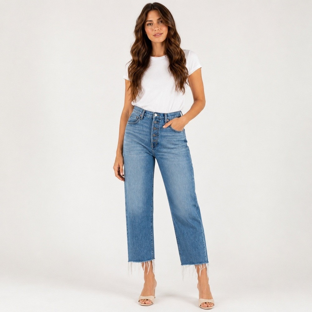 Etica Tyler Vintage Straight Jeans Womens 29 High Rise Raw Hem Button Fly Blue